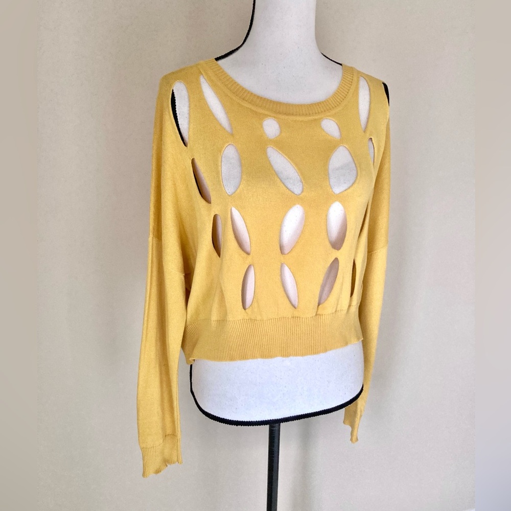 PLANET by Lauren G "Sizeless" Laser Cut-Out Pima Cotton Sweater – Mustard Yellow - Picture 4 of 9